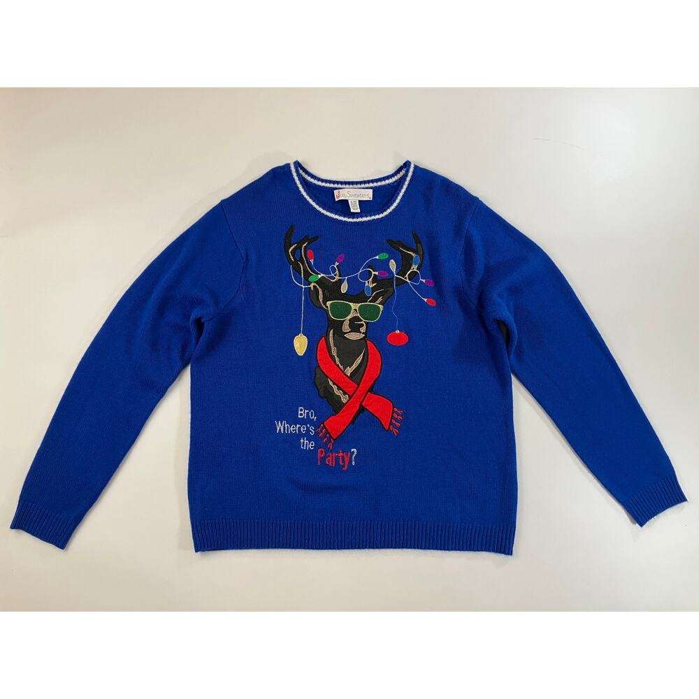 Jolly Sweaters Bro Where's the Party Reindeer Ugly Christmas Sweater Men XL Blue